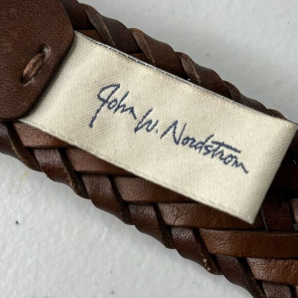 John W Nordstrom Dress Belt Mens 38 Brown Woven Leather Silver Brass Buckle - Picture 6 of 8